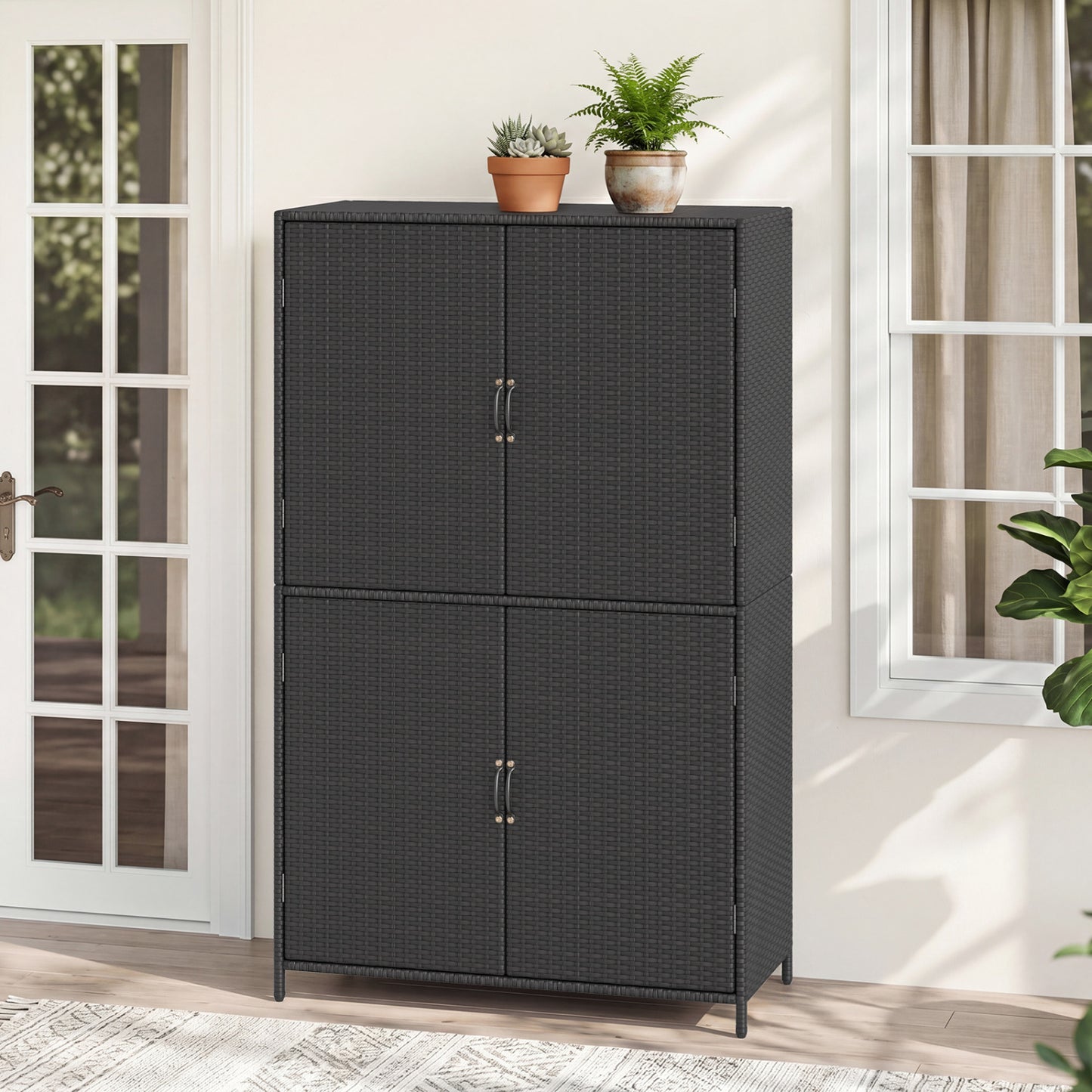 Black 4-door rattan outdoor storage shed with adjustable shelves, ideal for garden organization and outdoor storage.