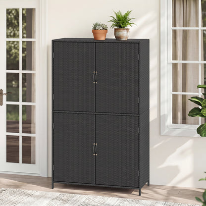 Black 4-door rattan outdoor storage shed with adjustable shelves, ideal for garden organization and outdoor storage.