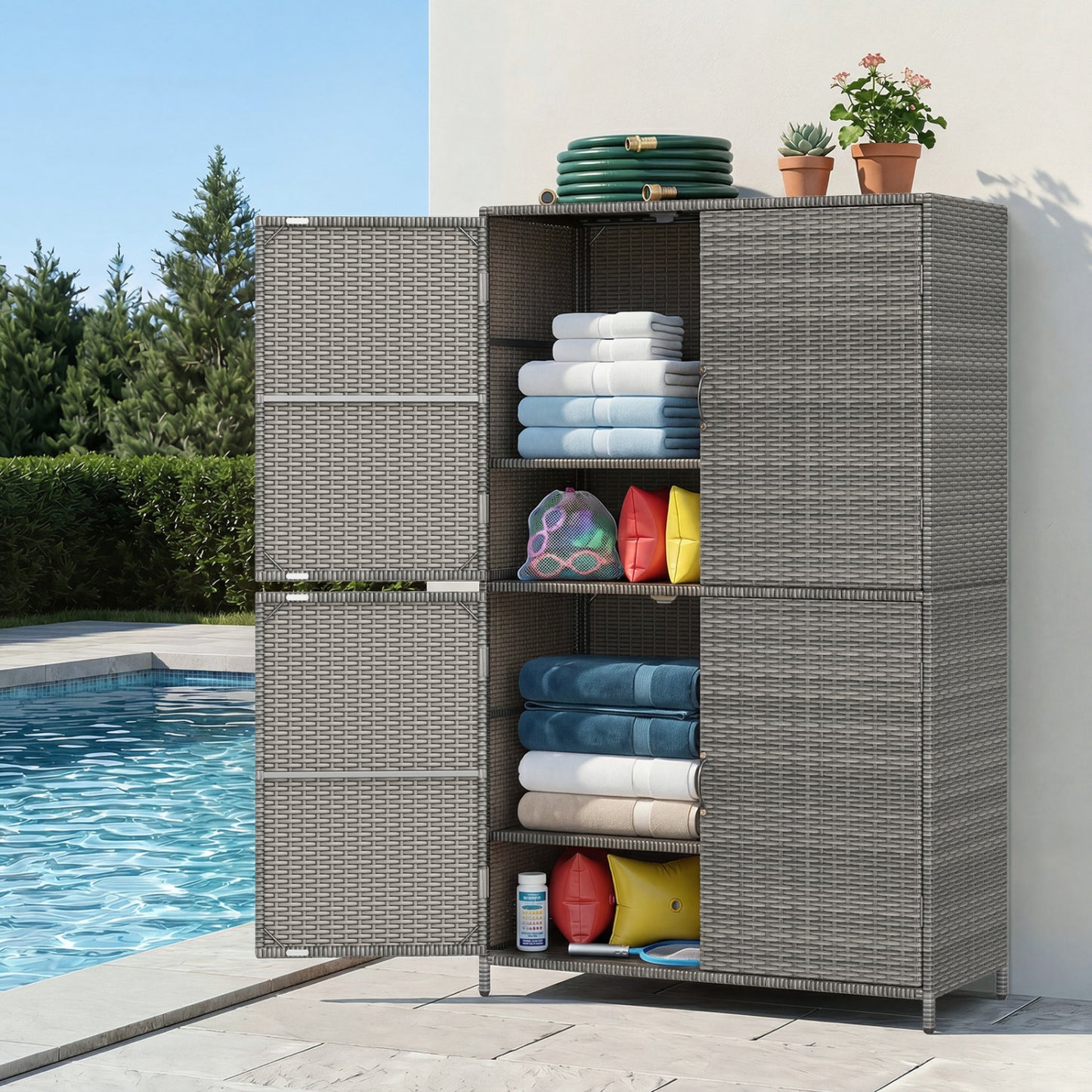 Black 4-door rattan outdoor storage shed with adjustable shelves, ideal for garden organization and outdoor storage.
