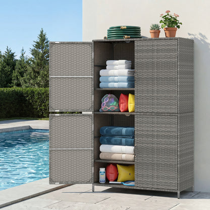 Black 4-door rattan outdoor storage shed with adjustable shelves, ideal for garden organization and outdoor storage.