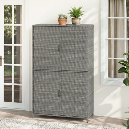 Black 4-door rattan outdoor storage shed with adjustable shelves, ideal for garden or patio organization.
