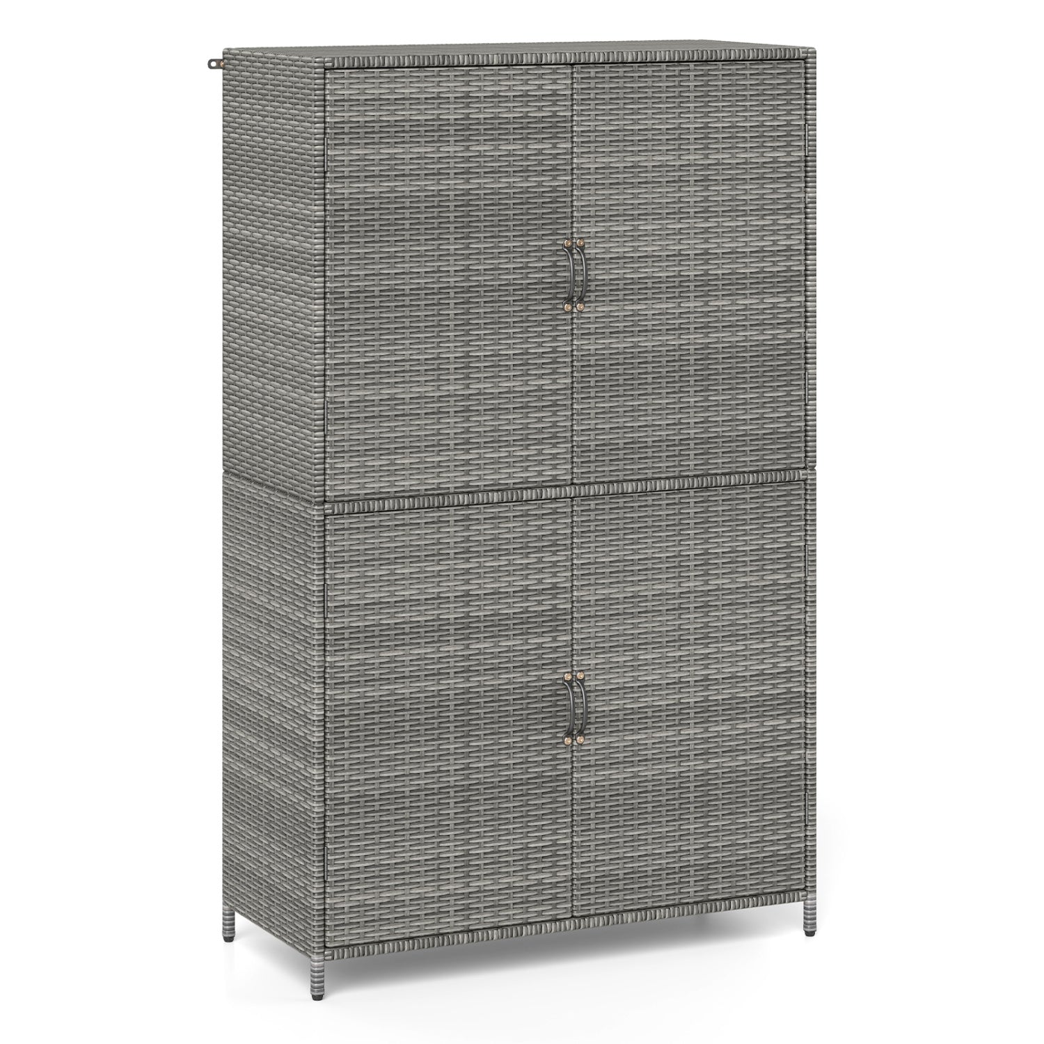 Black 4-door rattan outdoor storage shed with adjustable shelves, ideal for garden organization and outdoor storage solutions.