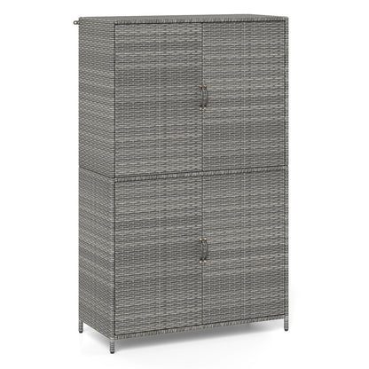 Black 4-door rattan outdoor storage shed with adjustable shelves, ideal for garden organization and outdoor storage solutions.