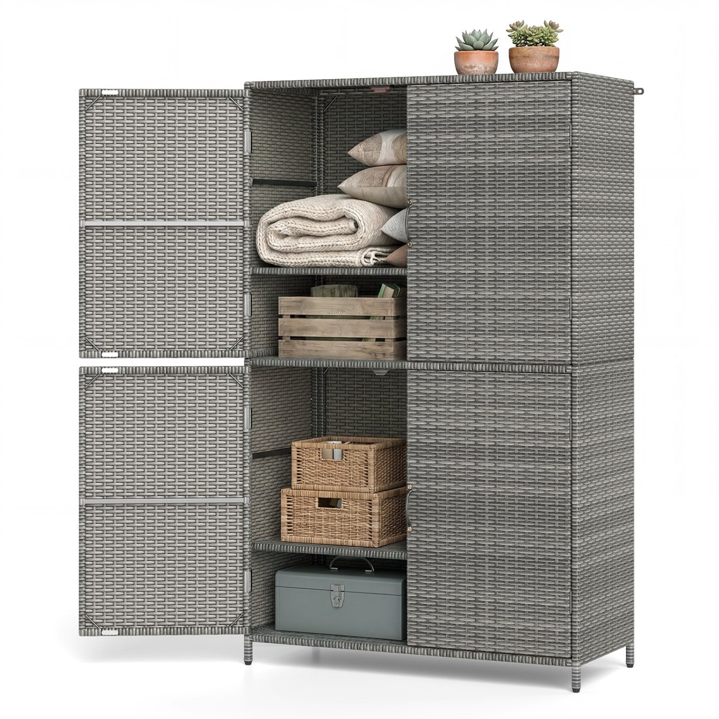 Black 4-door rattan storage shed with adjustable shelves, ideal for outdoor storage and garage organization.