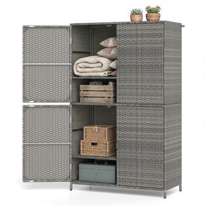 Black 4-door rattan storage shed with adjustable shelves, ideal for outdoor storage and garage organization.