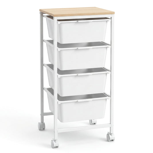 4-Drawer Rolling Storage Cart Mobile Utility Organizer with Wooden Tabletop and Lockable Wheels-White