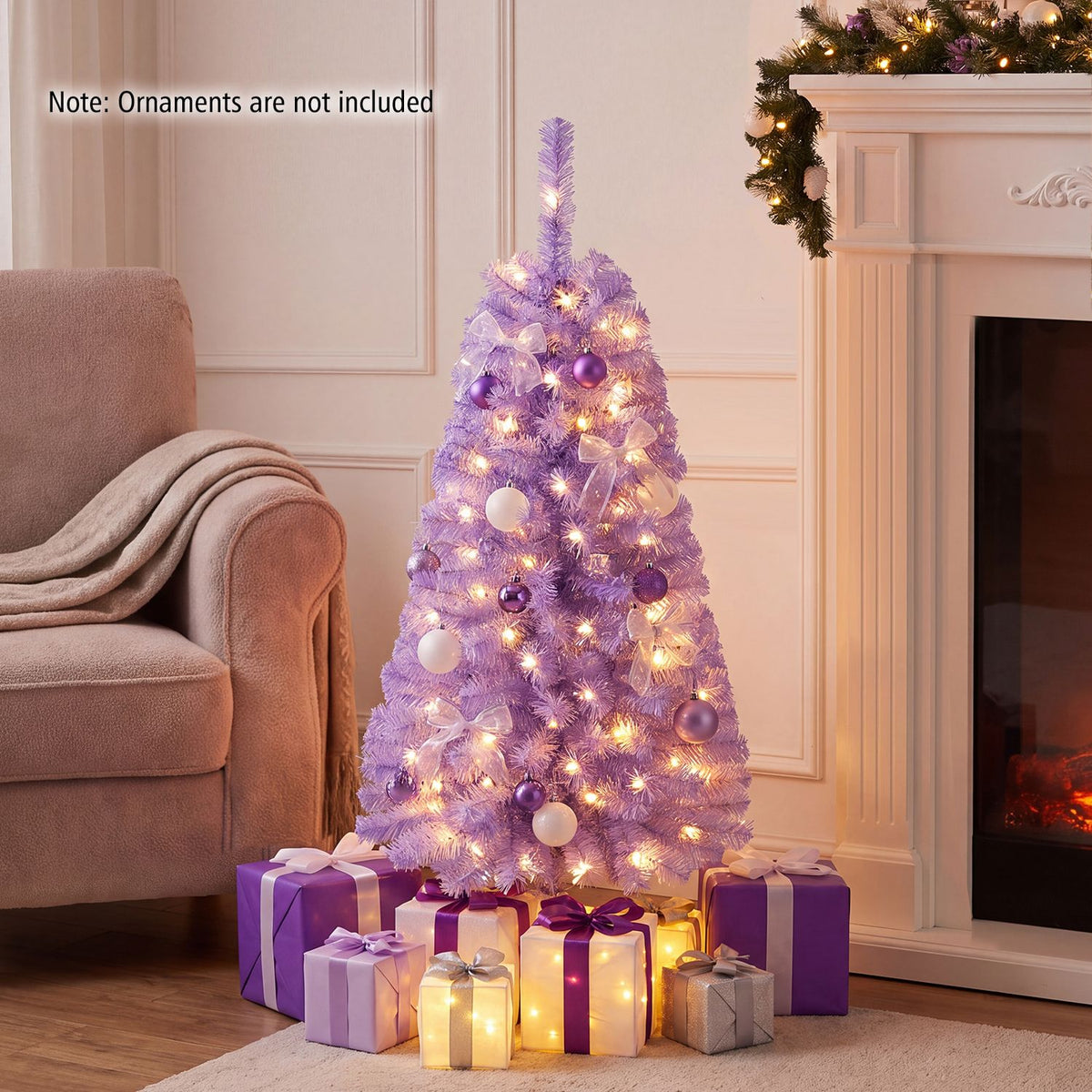 4 ft black artificial Christmas tree with 110 branch tips and 50 warm white LED lights for holiday decoration.