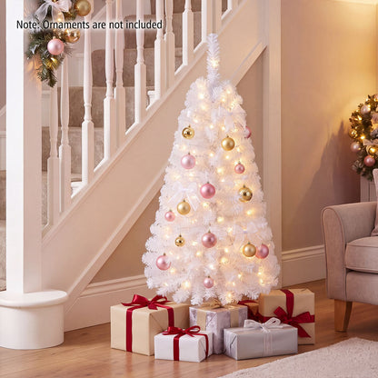 4 ft black artificial Christmas tree with 110 branch tips and 50 warm white LED lights for holiday decor.