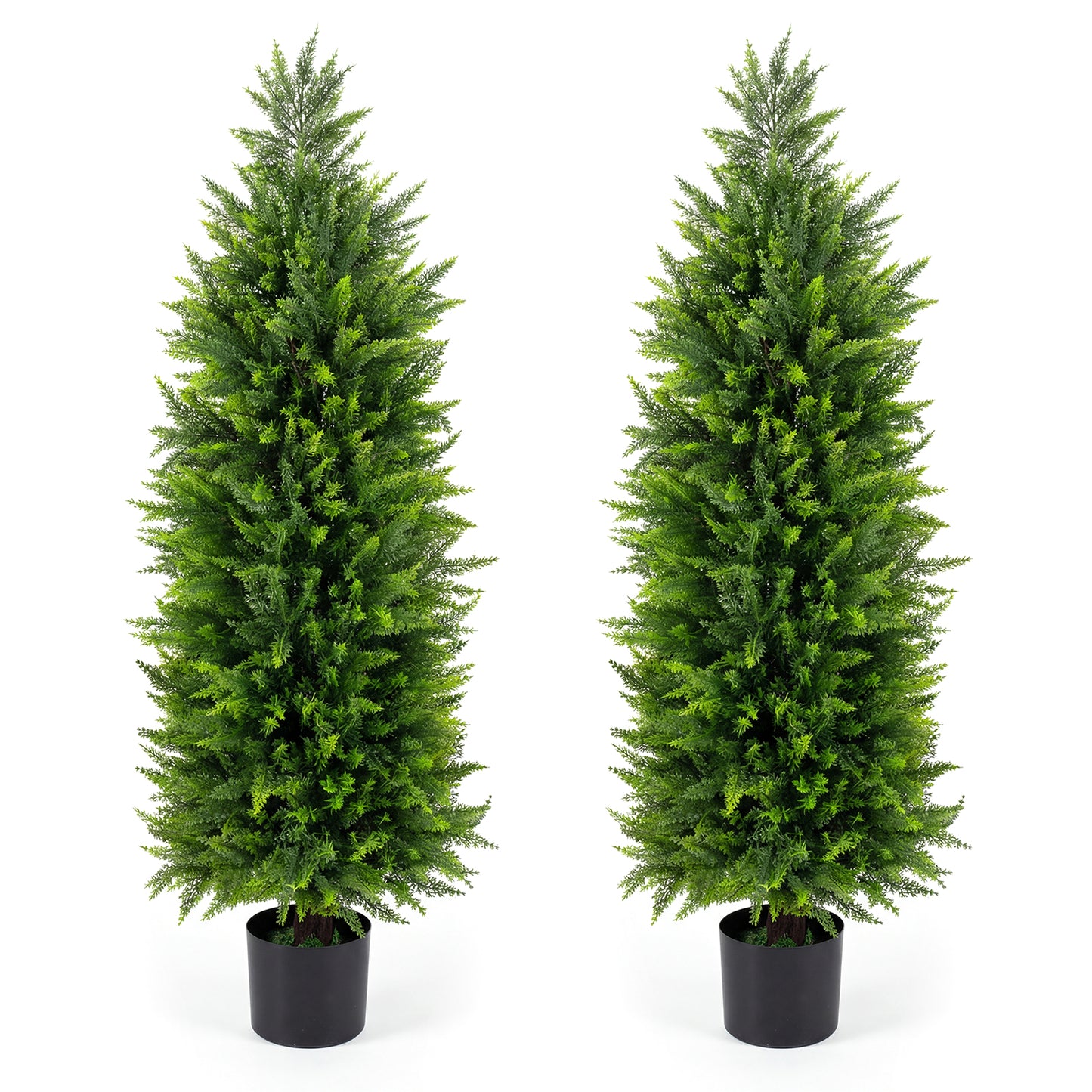 4 FT Artificial Topiary Tree Set of 2 Faux Cedar Cypress Plants in Cement-Filled Pots-Green