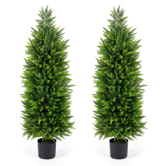 4 FT Artificial Topiary Tree Set of 2 Faux Cedar Cypress Plants in Cement-Filled Pots-Green