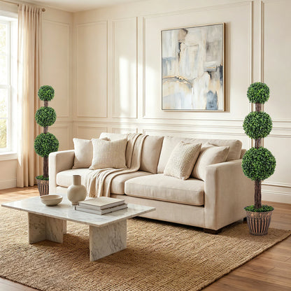 4 FT Artificial Triple Ball Boxwood Tree with Cement-filled Retro Planter Set of 2-Green