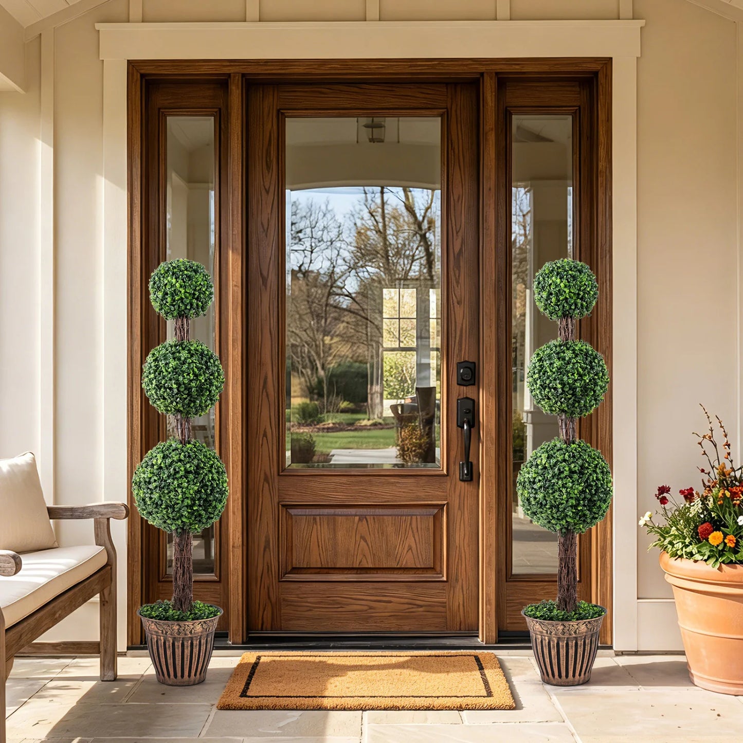 4 FT Artificial Triple Ball Boxwood Tree with Cement-filled Retro Planter Set of 2-Green