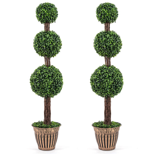 4 FT Artificial Triple Ball Boxwood Tree with Cement-filled Retro Planter Set of 2-Green