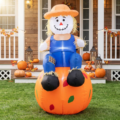 4 FT Halloween Fall Inflatable Decoration Scarecrow Sitting on Pumpkin