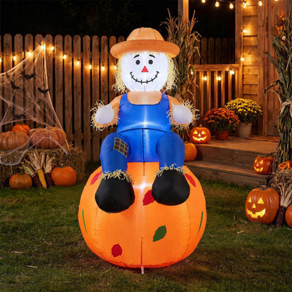 4 FT Halloween Fall Inflatable Decoration Scarecrow Sitting on Pumpkin