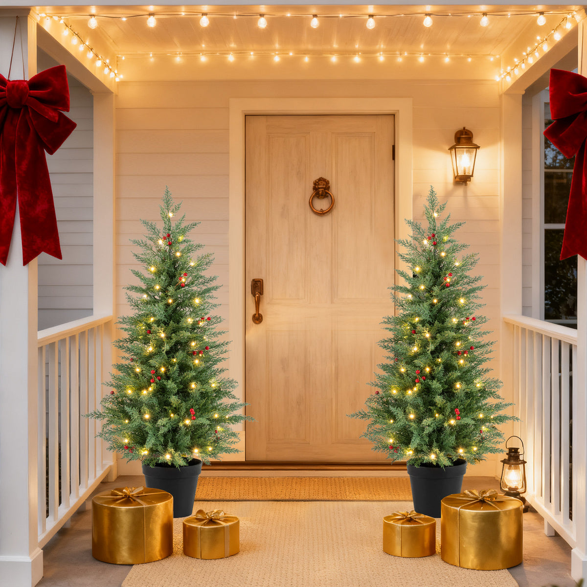 Pair of 4-foot pre-lit Christmas trees with 70 warm white LED lights and 173 branch tips, ideal holiday decor.