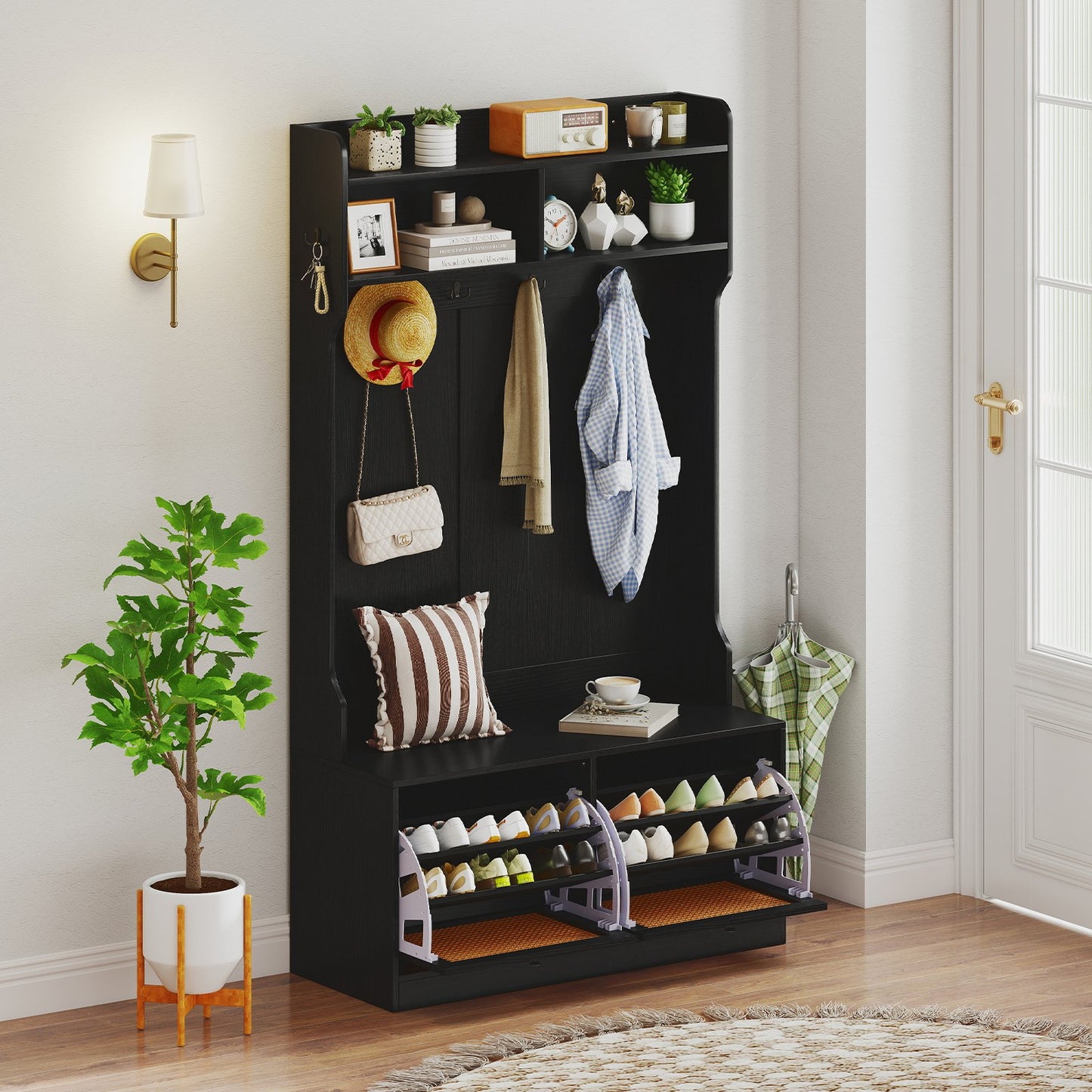 4-In-1 Hall Tree with Coat Rack and Flip Drawers for Entryway Mudroom-Black