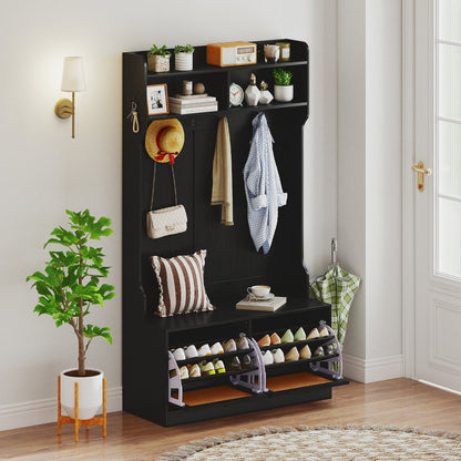 4-In-1 Hall Tree with Coat Rack and Flip Drawers for Entryway Mudroom-Black
