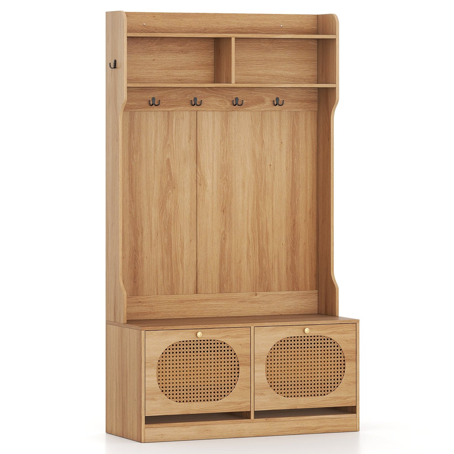 4-In-1 Hall Tree with Coat Rack and Flip Drawers for Entryway Mudroom-Black