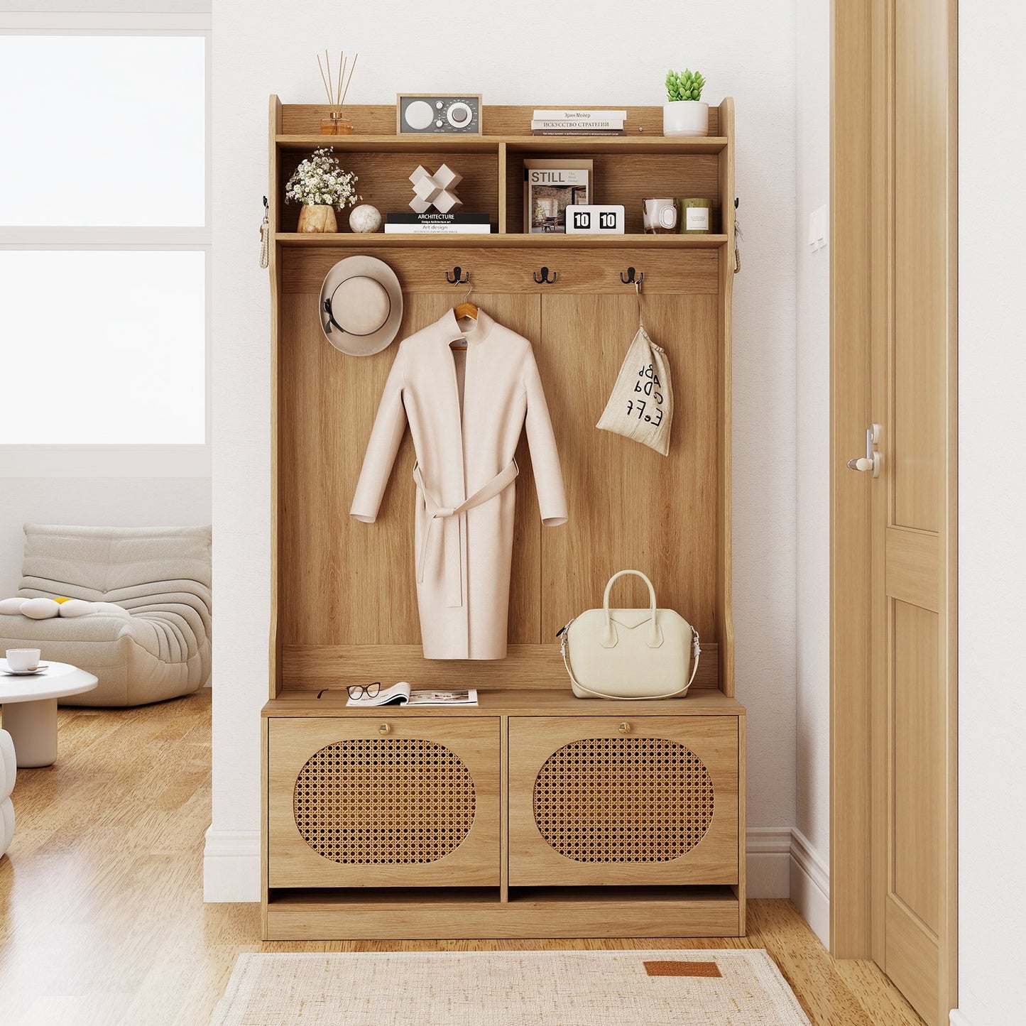 4-In-1 Hall Tree with Coat Rack and Flip Drawers for Entryway Mudroom-Black