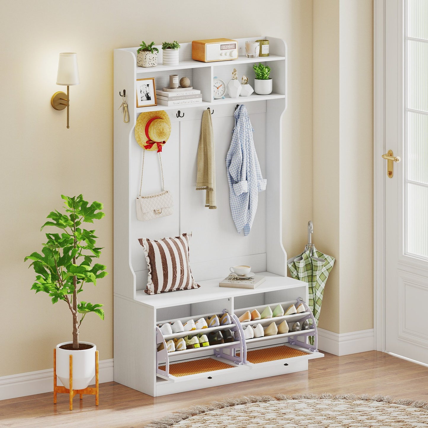 4-In-1 Hall Tree with Coat Rack and Flip Drawers for Entryway Mudroom-Black