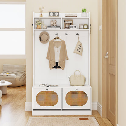 4-In-1 Hall Tree with Coat Rack and Flip Drawers for Entryway Mudroom-Black