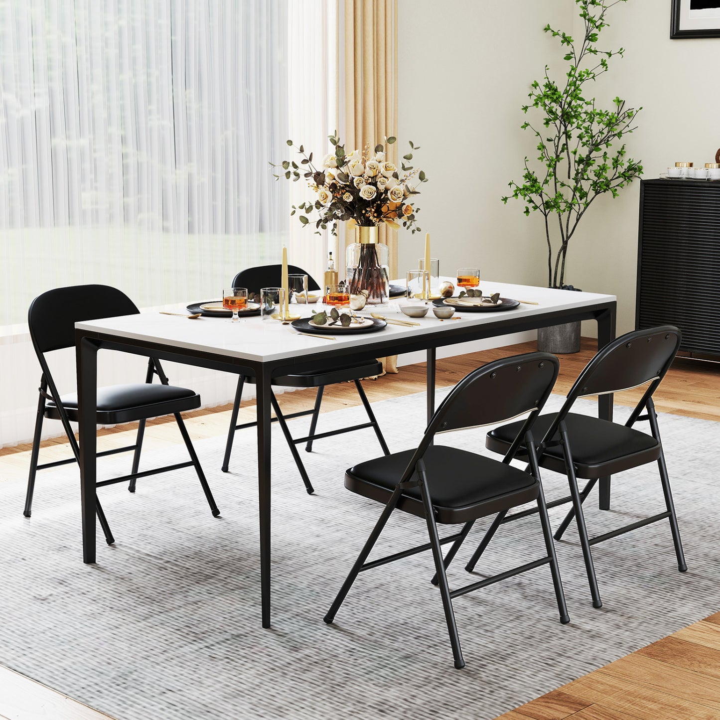 4 Pack Folding Chairs with Metal Frame and PVC Leather for Indoor Outdoor-Black