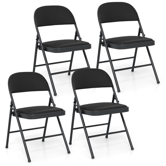 Set of four black folding chairs with metal frames and PVC leather seats, ideal for indoor or outdoor use.