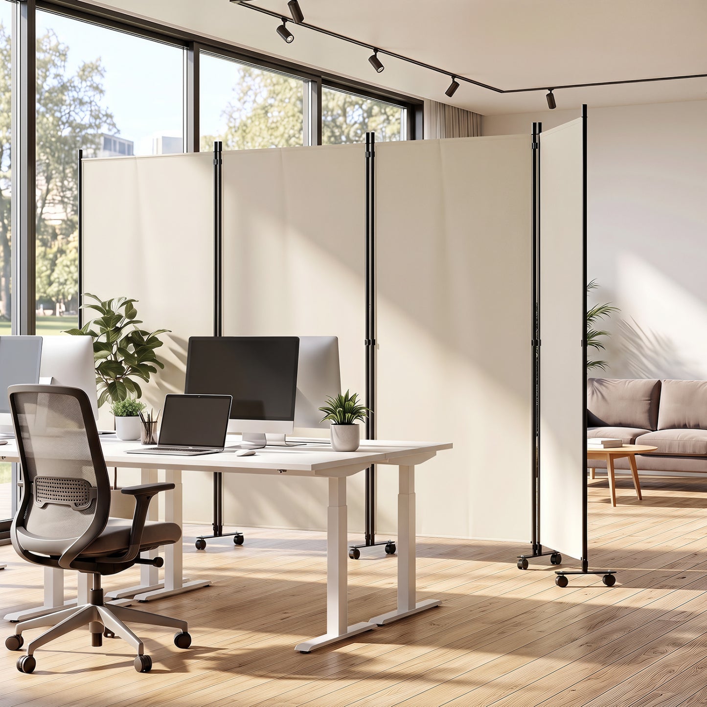 4 Panel Folding Privacy Screen Room Divider with Wheels-Gray