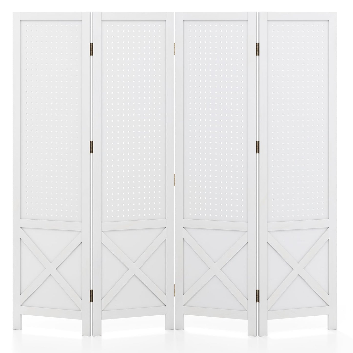 4-Panel Pegboard Display Stand Folding Room Divider with Solid Wood Frame-White