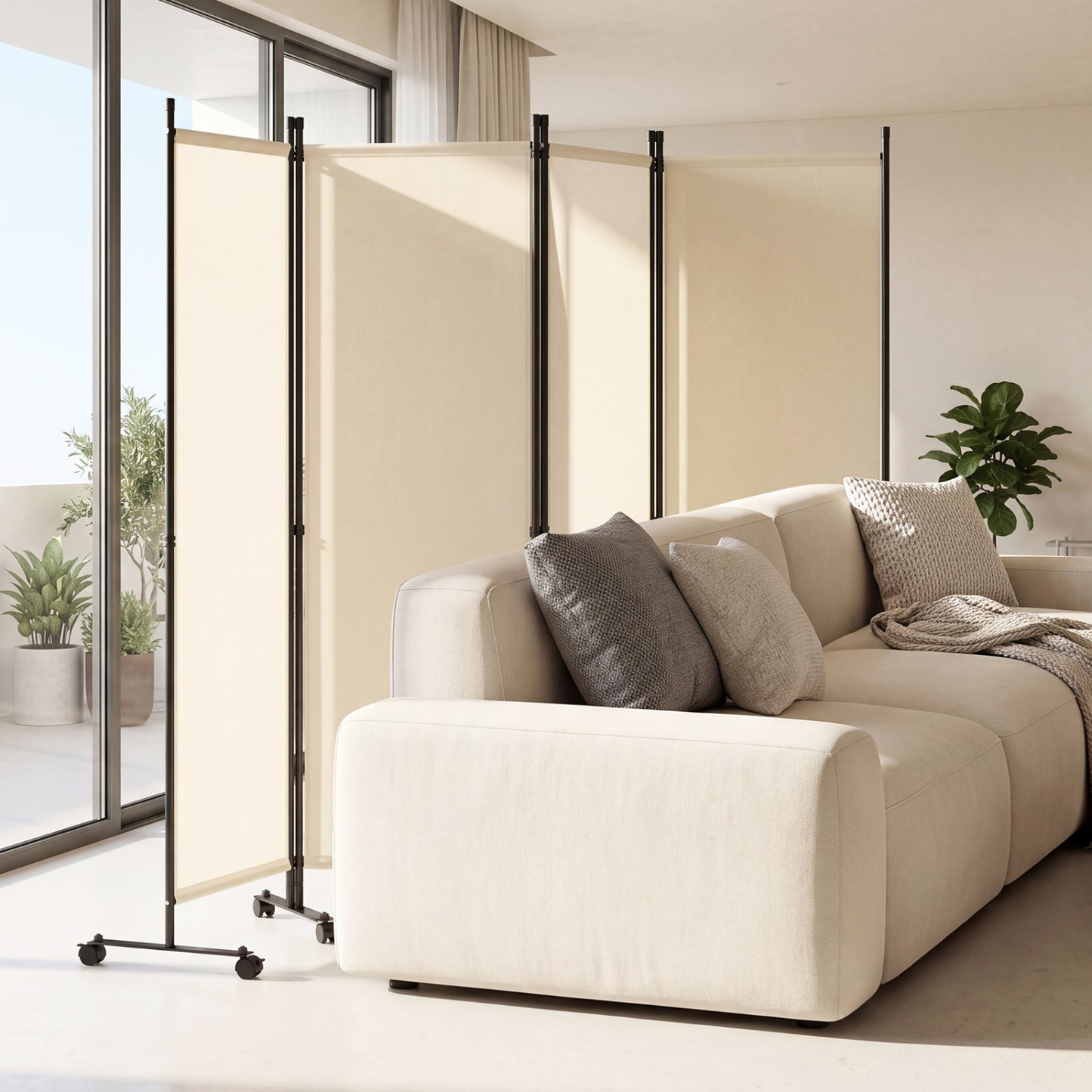 Beige 4-panel room divider with lockable wheels, ideal for living room decor and space separation.