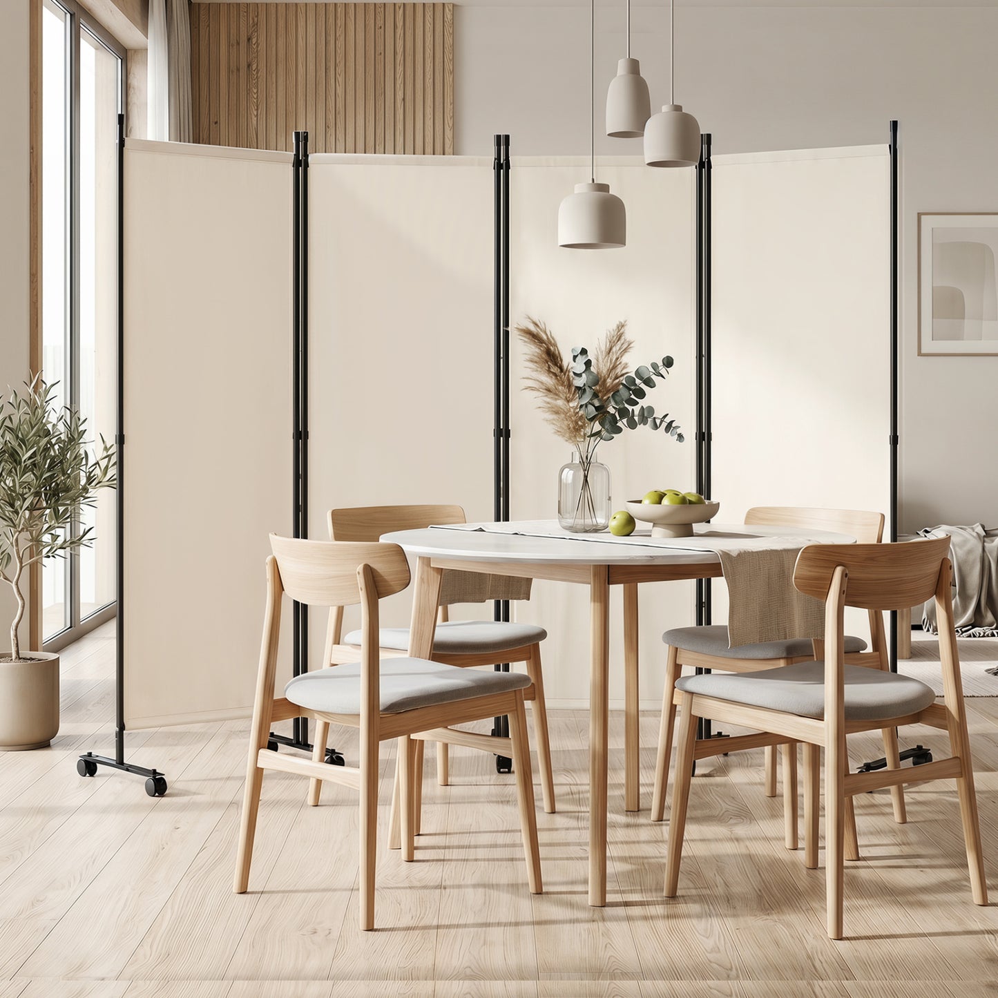 Beige 4-panel room divider with lockable wheels for living room, made by Wilsons Home Store, showcasing its foldable, decorative design.