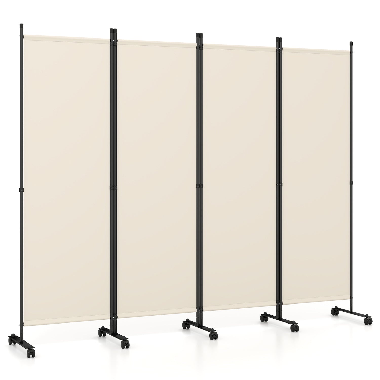 Beige 4-panel room divider with lockable wheels, ideal for living room decor and space separation.
