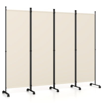 Beige 4-panel room divider with lockable wheels, ideal for living room decor and space separation.