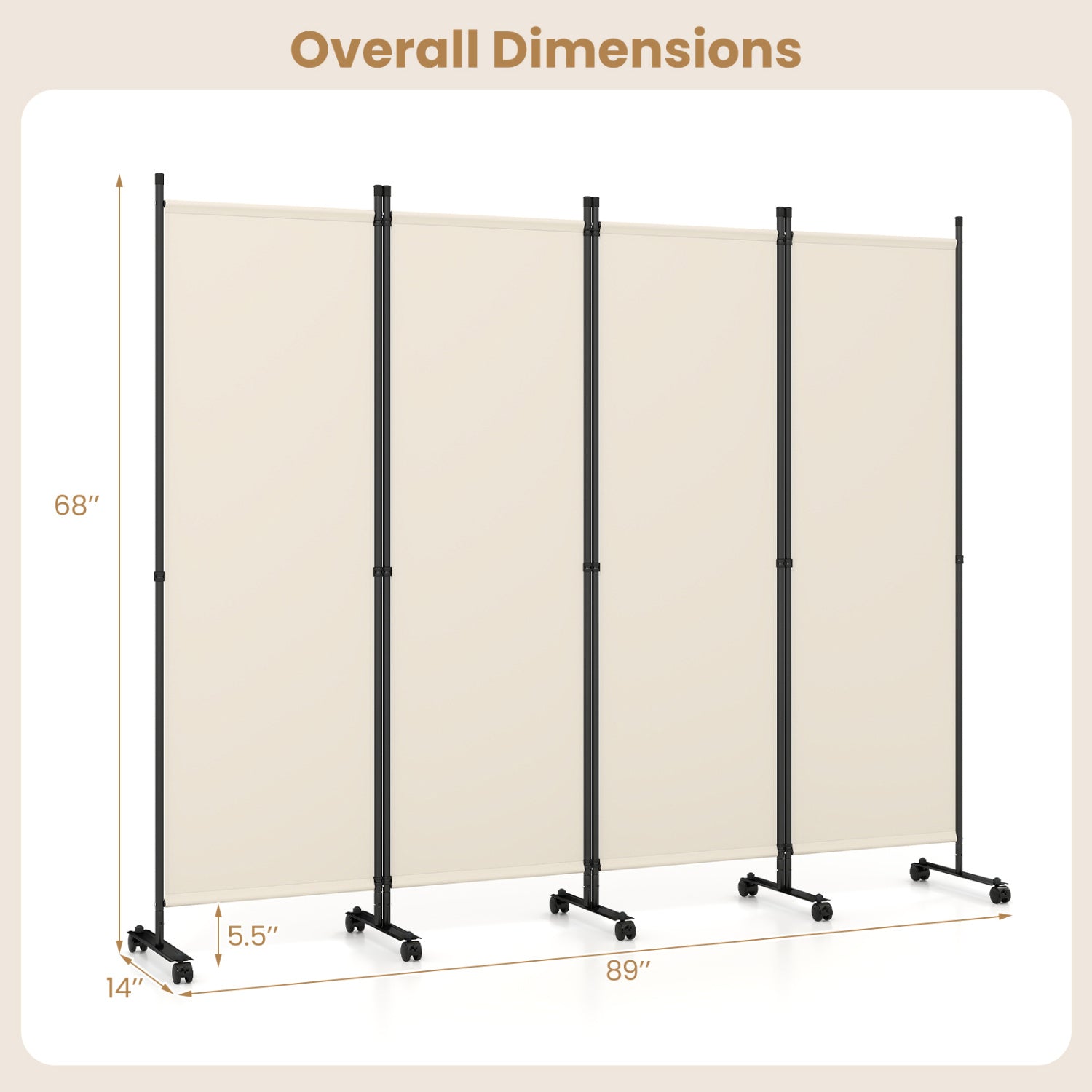 Beige 4-panel room divider with lockable wheels, ideal for living rooms, providing privacy and stylish home decor.