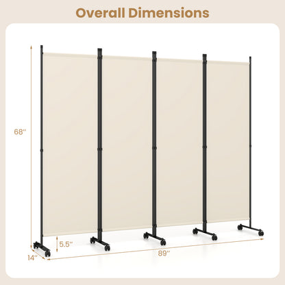 Beige 4-panel room divider with lockable wheels, ideal for living rooms, providing privacy and stylish home decor.