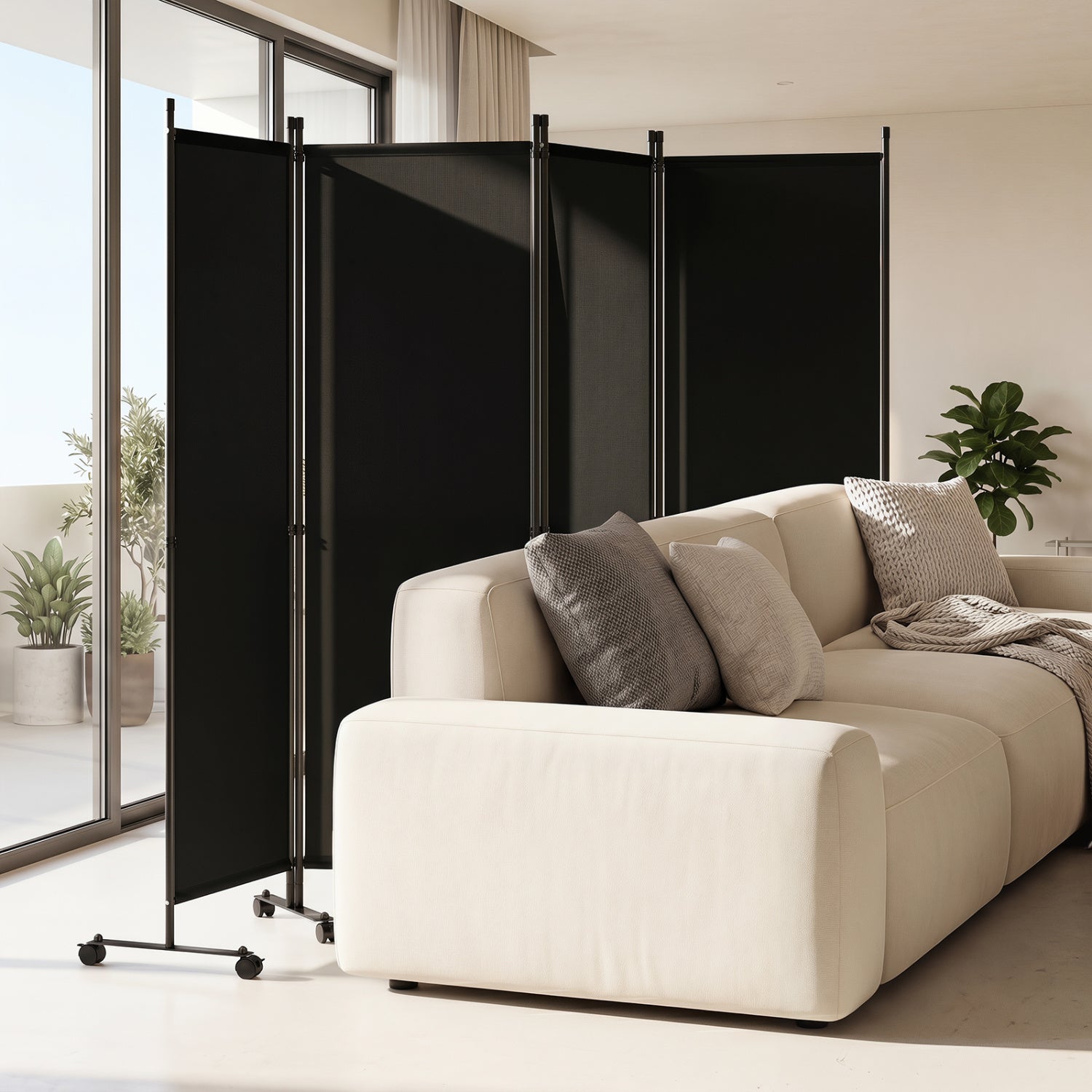 Beige 4-panel room divider with lockable wheels, ideal for living room privacy and space separation, by Direct by Wilsons Home Store.
