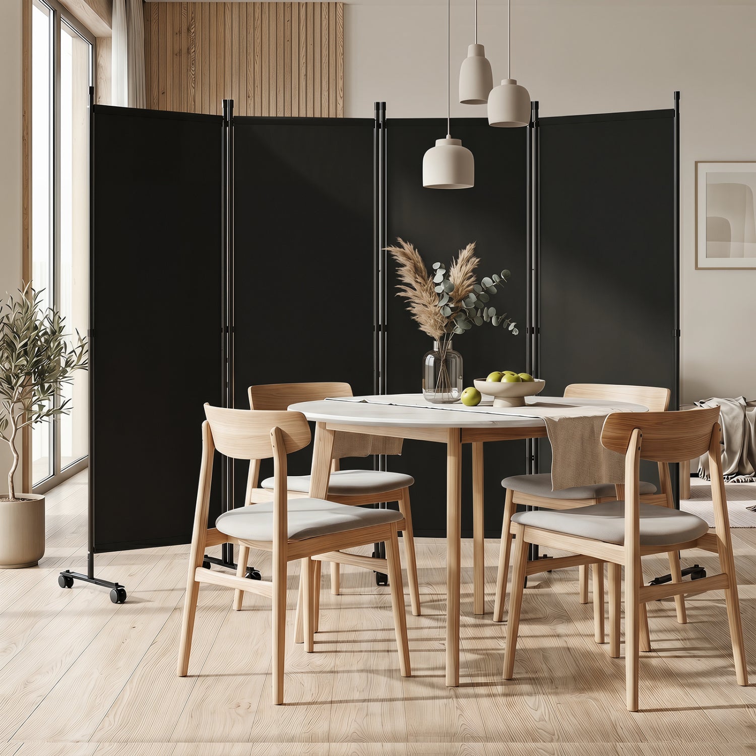 Beige 4-panel room divider with lockable wheels, ideal for living room privacy and decor, by Direct by Wilsons Home Store.