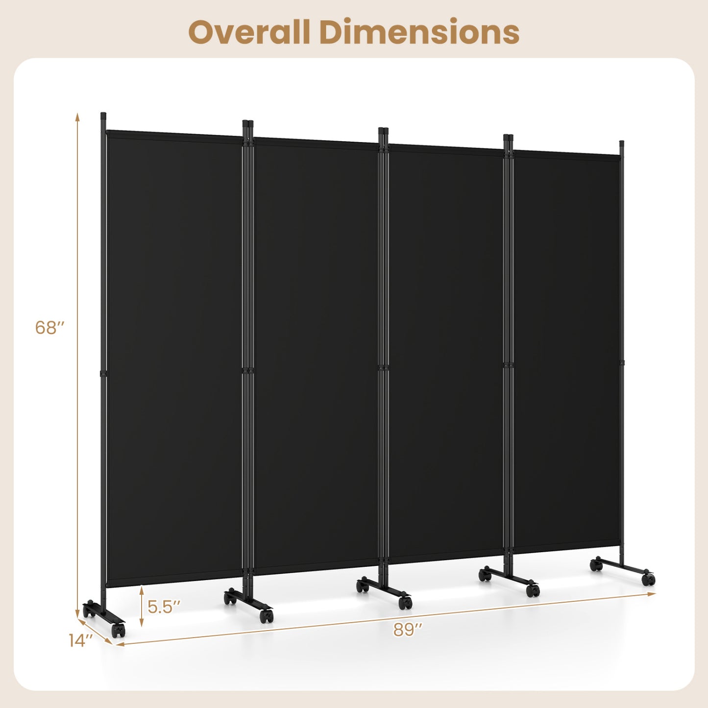 Beige 4-panel room divider with lockable wheels from Wilsons Home Store, perfect for living room privacy and decoration.