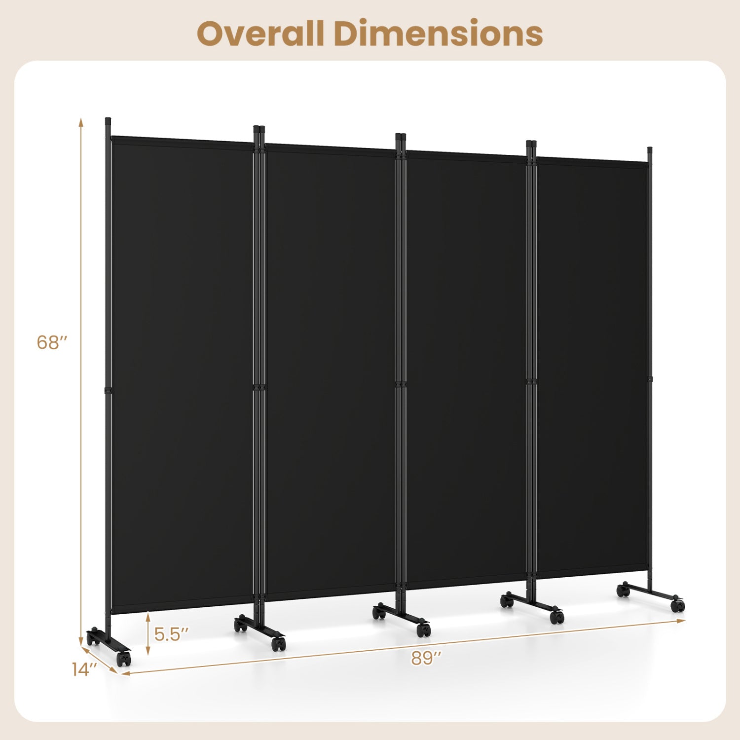 Beige 4-panel room divider with lockable wheels from Wilsons Home Store, perfect for living room privacy and decoration.