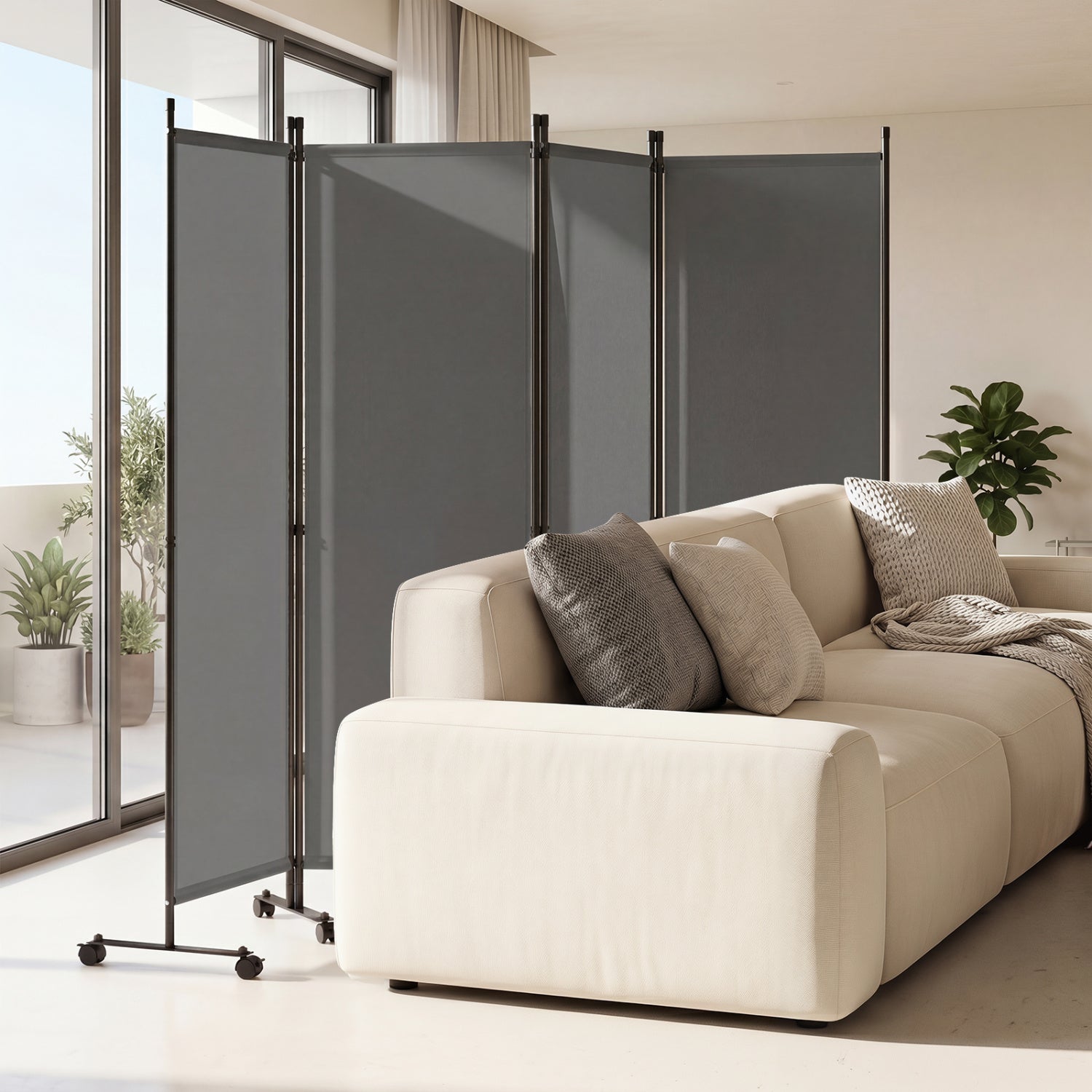 Beige 4-panel room divider with lockable wheels, decorative home accessory for living room separation and privacy.
