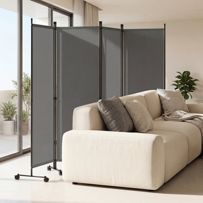 Beige 4-panel room divider with lockable wheels, decorative home accessory for living room separation and privacy.
