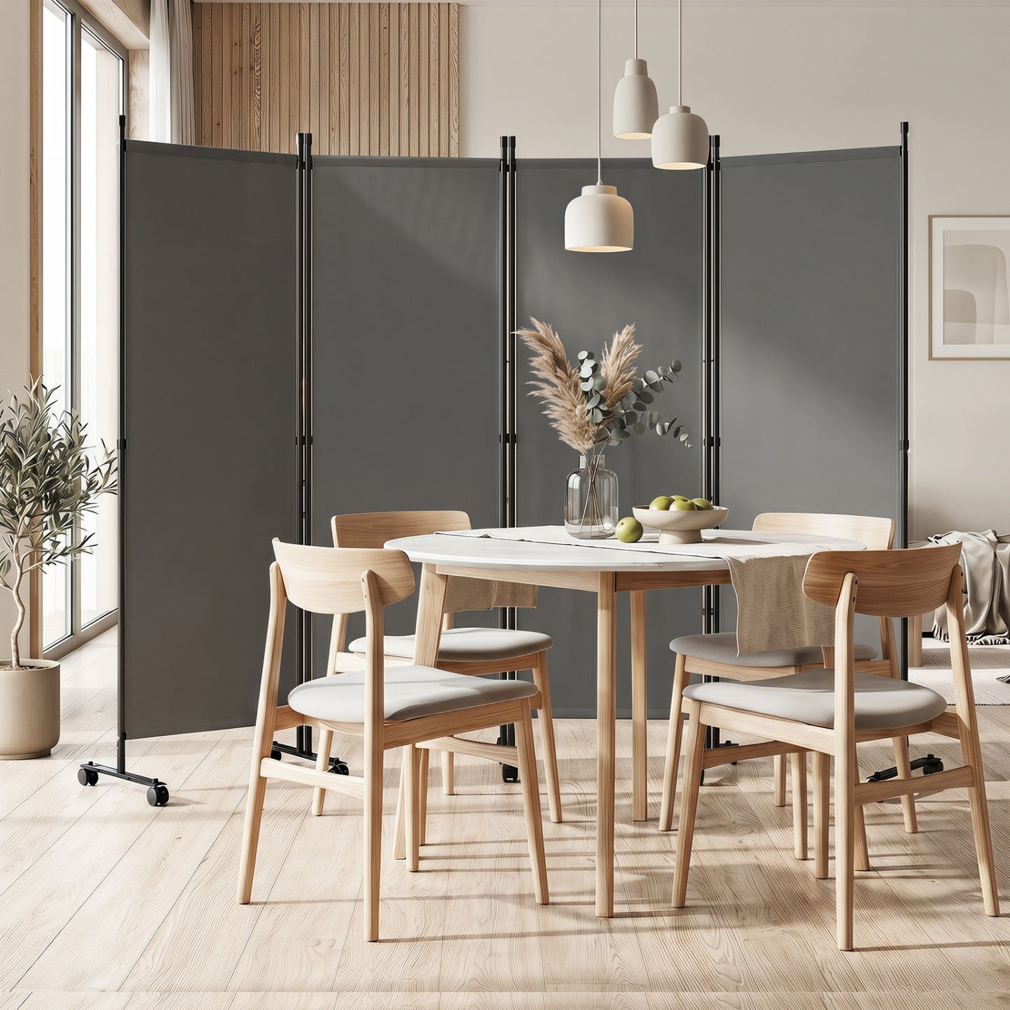 Beige 4-panel room divider with lockable wheels, versatile home decor for living room, by Wilsons Home Store.