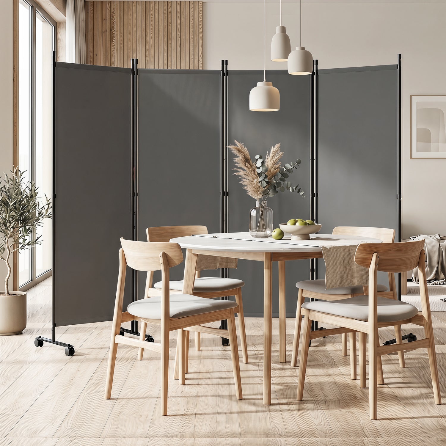 Beige 4-panel room divider with lockable wheels, versatile home decor for living room, by Wilsons Home Store.