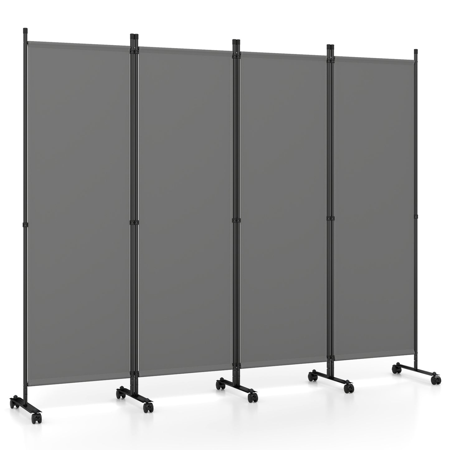 Beige 4-panel room divider with lockable wheels, ideal for living room decor and flexible space separation.
