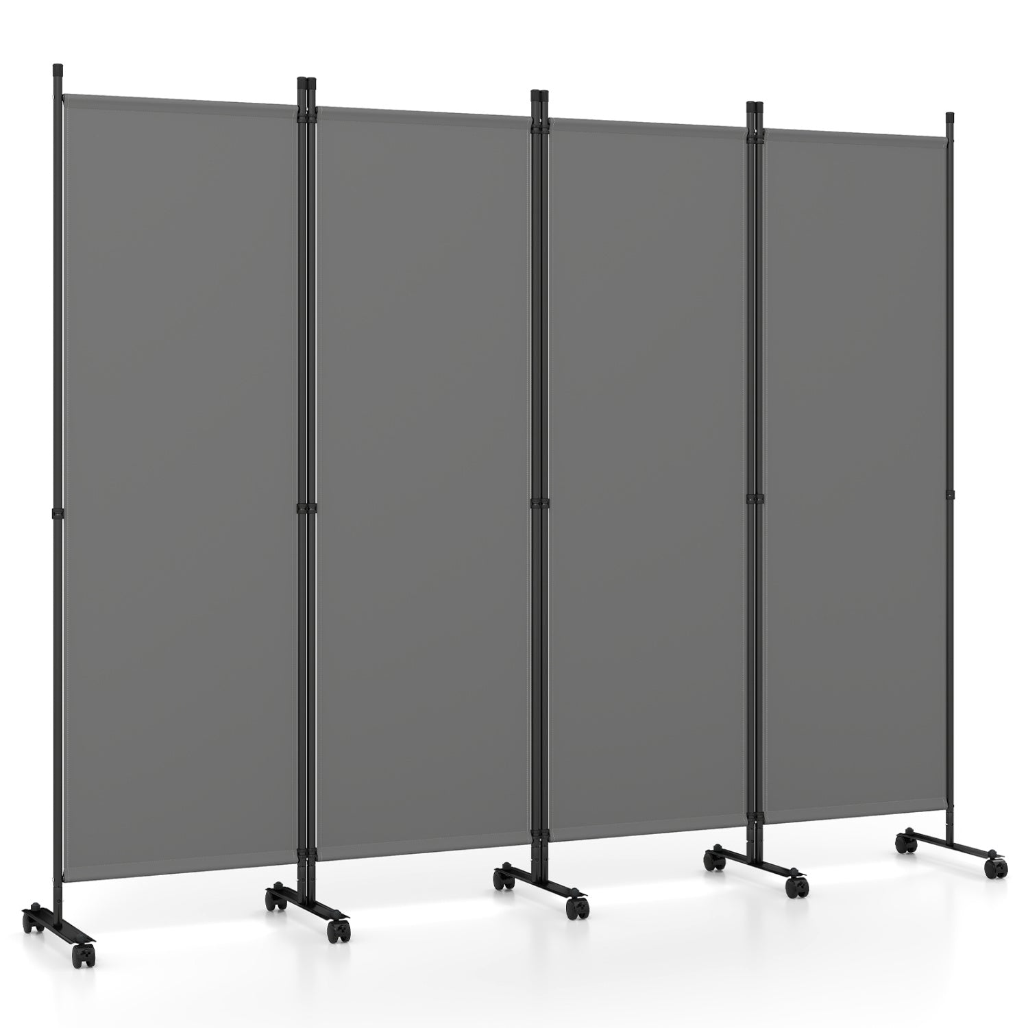 Beige 4-panel room divider with lockable wheels, ideal for living room decor and flexible space separation.