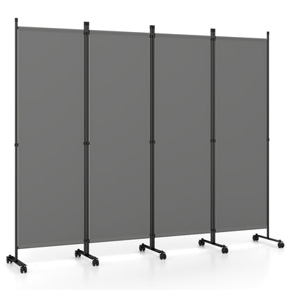 Beige 4-panel room divider with lockable wheels, ideal for living room decor and flexible space separation.