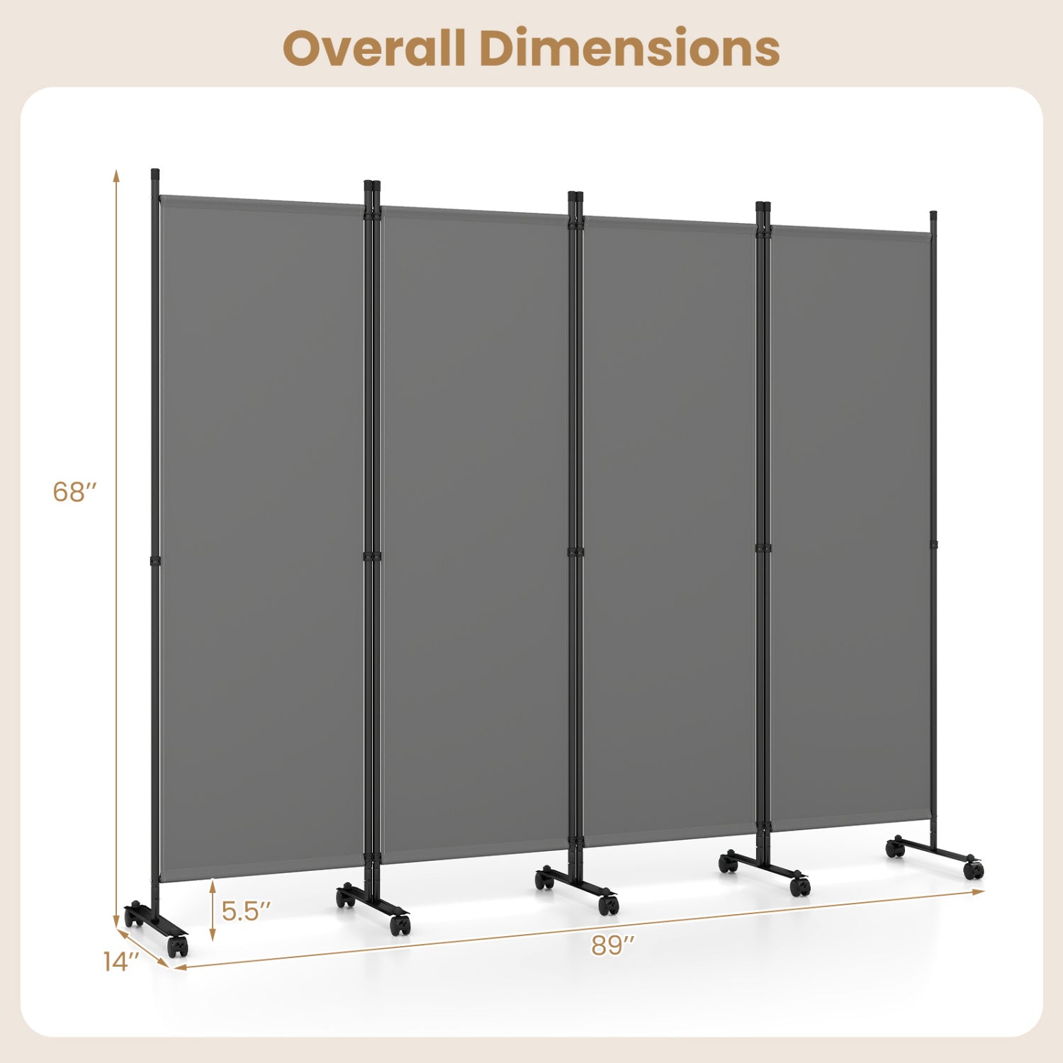 Beige 4-panel room divider with lockable wheels, perfect for living room privacy and stylish home decor.