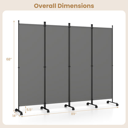 Beige 4-panel room divider with lockable wheels, perfect for living room privacy and stylish home decor.