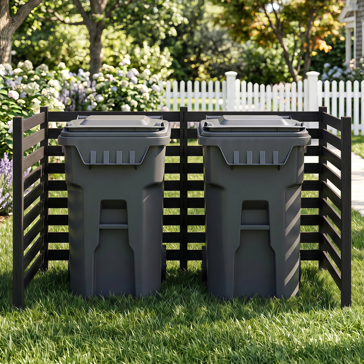4-Panel Wooden Outdoor Privacy Fence with Ground Stakes-Black